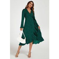 FS Collection Women's Dot Print Wave Front Frill Wrap Midi Dress In Green | Size: Small