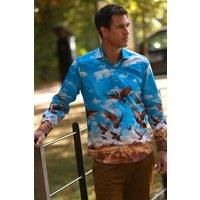 CLAUDIO LUGLI Men's Flying Pheasants Placement Print Shirt in Bright Blue | Size: XL