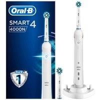 Oral-B Smart 4 4000N CrossAction Electric Toothbrush Rechargeable, White App Connected Handle, 3 Modes, Pressure Sensor, 2 Toothbrush Heads, Travel Case, 2 Pin UK Plug, Gift for Men/Women