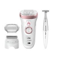 Braun Silk-épil 9-890 Epilator for Long-Lasting Hair Removal Includes a Bikini Styler High Frequency Massage Cap Shaver and Trimmer Head Cordless Wet and Dry Epilation for Women, 2 Pin Plug