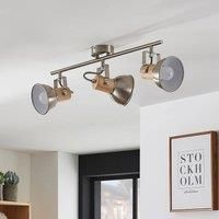 Lindby Dennis ceiling light with wood, 3-bulb, long
