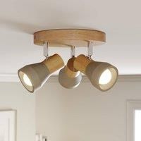 Lindby Filiz spotlight, wood and concrete, 3-bulb, round