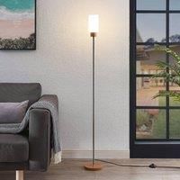 Lindby Nicus wooden floor lamp, glass lampshade