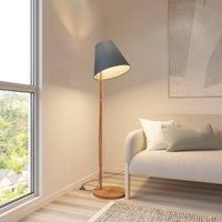 Lucande Jinda floor lamp, wooden frame blue fabric