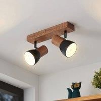 Lindby Tonja ceiling spotlight with wood, two-bulb