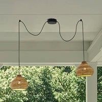 Lucande outdoor hanging light Taniola, 2-bulb, beige, rattan, IP44