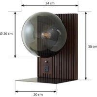 Lucande Veloura wall light, height 30 cm, glass, wood, USB