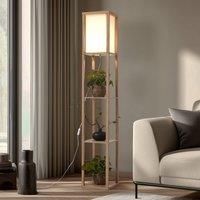 Lindby Birta floor lamp, wood colour/white, shelf, wood