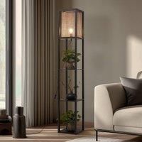 Lindby Birta floor lamp, black/natural, shelf, rattan