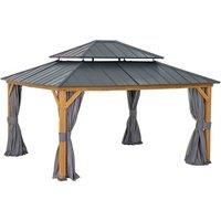 SUNJOY 3.9x4.5m Patio Cedar Wood Hardtop Gazebo With Curtain & Netting 390cm W X 450cm D X 320cm H