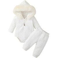 Winter Hooded Cable Knit Baby Two Piece Set With Fur Collar