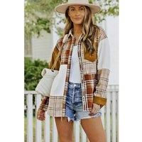 Everyday The Label Women's Orange Plaid Color Block Patchwork Shirt Jacket with Pocket Shackets | Size: Small
