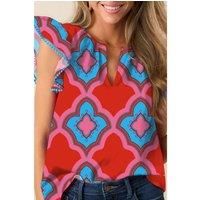 Everyday The Label Women's Red Abstract Floral Print Trimmed Flutter Sleeve Blouse Blouses | Size: Large