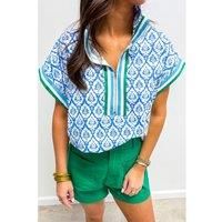 Everyday The Label Women's Sky Blue Western Print Zipped Collar Short Sleeve Summer Blouse Top | Size: Small