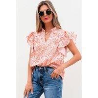 Everyday The Label Women's Orange Floral Ruffle Sleeve Split Neck Blouse Blouses | Size: Medium