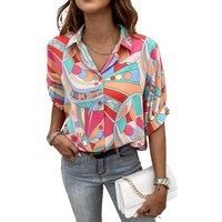 Everyday The Label Women's Multicolor Abstract Geometry Print Half Puff Sleeve Loose Shirt | Size: XL