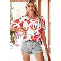 Everyday The Label Women's White Floral Print Puffy Half Sleeve Blouse Blouses | Size: Small