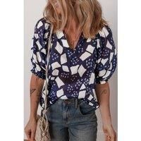 Everyday The Label Women's Blue Abstract Print Frilled Puff Sleeve V Neck Blouse Blouses | Size: Medium