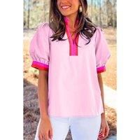 Everyday The Label Women's Pink Contrast Striped V Neck Collision Short Puff Sleeve Blouse | Size: Small