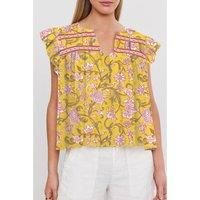 Everyday The Label Women's Yellow Floral Notched Neck Ruffled Sleeve Casual Blouse Blouses | Size: XL