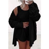 Everyday The Label Women's Black 3 Pcs Crop Tank Top Shorts with Cardigan Lounge Set Loungewear | Size: XL