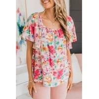 Everyday The Label Women's Multicolor Watercolor Floral Square Neck Ruffle Sleeve Blouse Blouses | Size: Medium