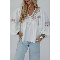 Everyday The Label Women's White Flower Lace-up V Neck Babydoll Blouse Blouses | Size: Small