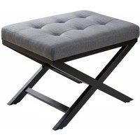 Classic Linen Buttoned Footstool with Modern X-Shaped Rubberwood Legs