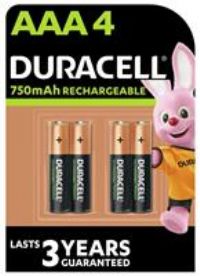 Duracell Rechargeable AAA 750 mAh Batteries, Pack of 4