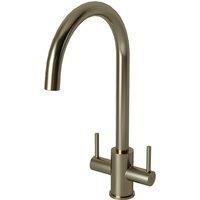Modern Curved Kitchen Mixer Tap Twin Lever Brushed Steel Swivel Spout