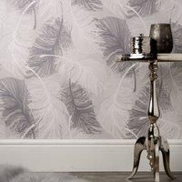 Glitter Effect Feather Wallpaper Embossed White Silver Dappled Grey Luxury