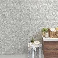Grey Animal Print Wallpaper Rabbits Deer Woodland Flowers Floral Birds