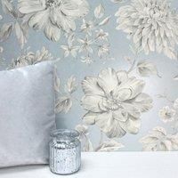 Blue Floral Wallpaper White Grey Flowers Pearlescent Metallic Crown Lucia