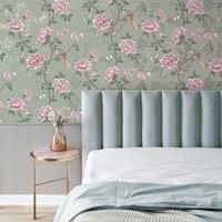 Crown Akina Floral Sage Wallpaper M1724 - Textured Fabric Effect Songbird