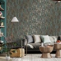 Crown Carbon Oxidize Teal Wallpaper M1750 - Distressed Metal Slats Effect