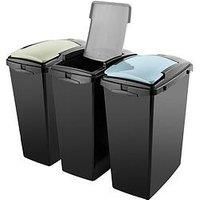 Addis Recycling 40 litre waste kitchen plastic bins, Set of 3, modular system with lift lids, Black with delicate Sage Green, Air Blue and Soft Grey