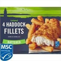 Iceland Battered 4 Haddock Skinless Boneless Fillets 500g