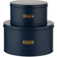 2Pcs Matt Blue Cake Tin Canister  Ribbed Effect Metal Container Storage With Lid