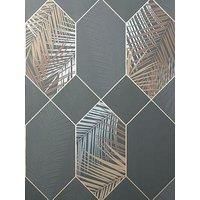 Miami Geometric Leaf Wallpaper Charcoal Grey/Copper Fine Decor FD42833 Metallic