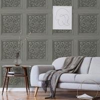 Fine Decor Carved Panel Gunmetal Wallpaper FD43274 - Faux Wood Panelling