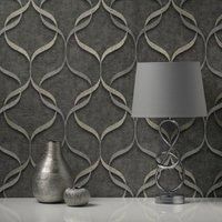 Fine Decor Milano 9 Wave Charcoal Wallpaper M95614 - Geometric Hessian Effect