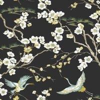 Sublime Black Japan Floral and Fauna Tropical Wallpaper