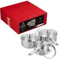 Tala Performance 3 Piece Stainless Steel Cookware Set, Saucepans with Glass lids, 16, 18 20cm. Made in Portugal, Guarantee, Suitable for All hob Types Including Induction