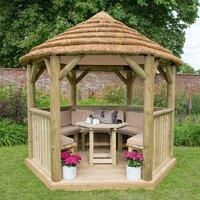 10'x9' (3x2.7m) Luxury Wooden Furnished Garden Gazebo with Thatched Roof  Seats up to 10 people