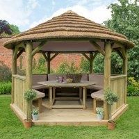 13'x12' (4x3.5m) Luxury Wooden Furnished Garden Gazebo with Country Thatch Roof  Seats up to 15 people