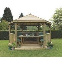 Forest Garden Furnished Timber Roof Hexagonal Gazebo, (W)4900mm (D)4240mm (Green Cushion Included)