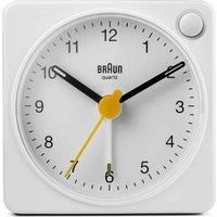 Braun Classic Travel Analogue Clock with Snooze and Light, Compact Size, Quiet Quartz Movement, Crescendo Beep Alarm in White, Model BC02XW, One