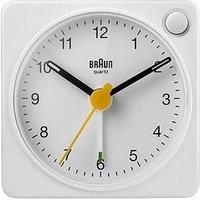 Braun Classic Travel Analogue Clock with Snooze and Light, Compact Size, Quiet Quartz Movement, Crescendo Beep Alarm in White, Model BC02XW, One