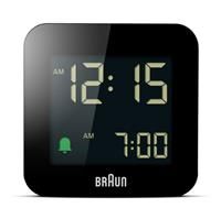 Braun digital travel alarm clock with snooze, compact size, negative LCD display, quick set, crescendo beep alarm in black, model BC08B