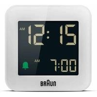 Braun Digital Travel Alarm Clock with Snooze, Compact Size, Negative LCD Display, Quick Set,Crescendo Beep Alarm in White, model BC08W.
